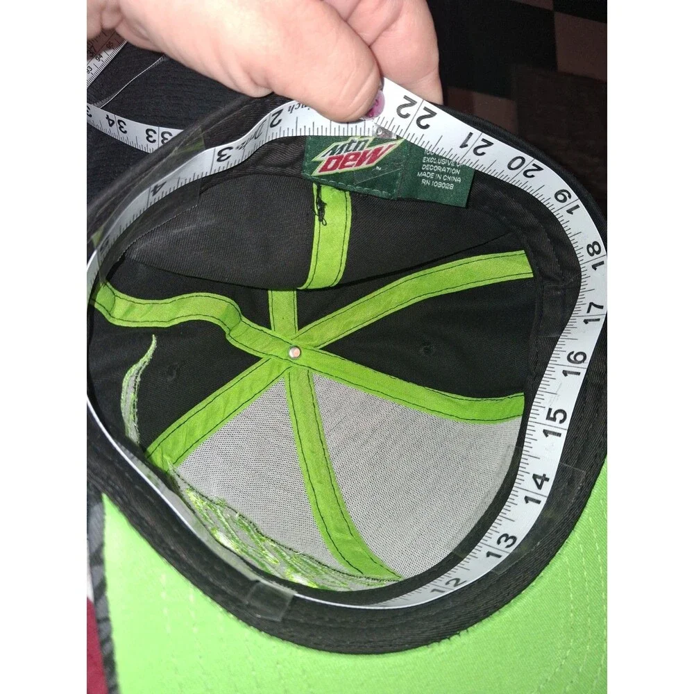 Mountain Dew Fitted Hat Size 7 Black Neon Green Logo All Over Print Cap
